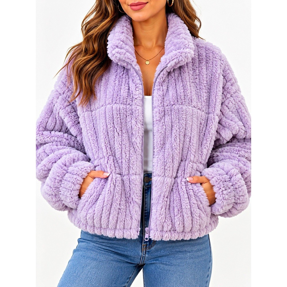 LE LIS Women Purple Faux Fur Jacket Full Zip Long Sleeve Short SFOK1002 S